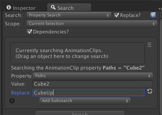 Example: Using search and replace to fix the Cube2 animation path to the correct name.