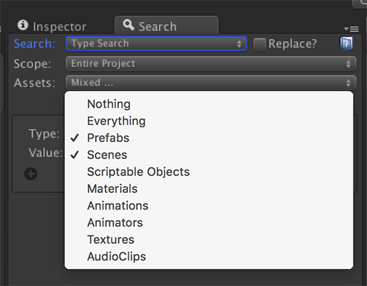 The Scope Description above shows that we are searching only for Prefabs & Scenes inside the Assets/Books/Prefabs folder.