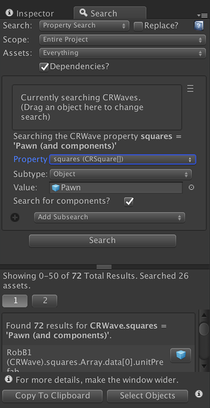 Example: Searching inside the squares property of the CRWave class. The tool has found 72 usages of the CRUnit instance 'Pawn'