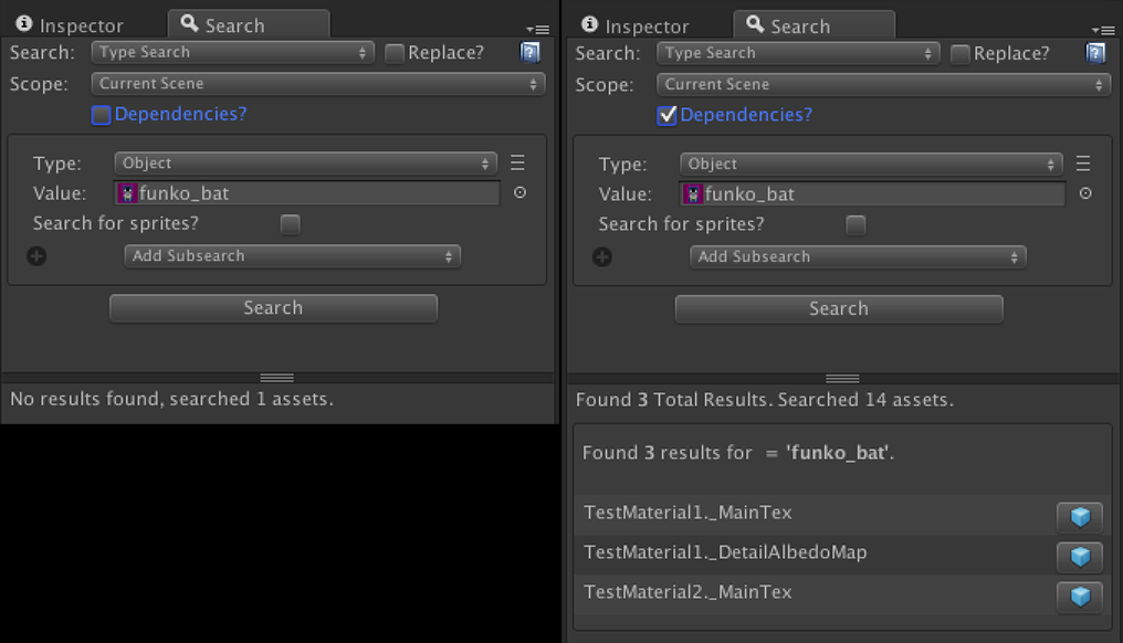 Searching for a texture within a scene with/without dependency search.